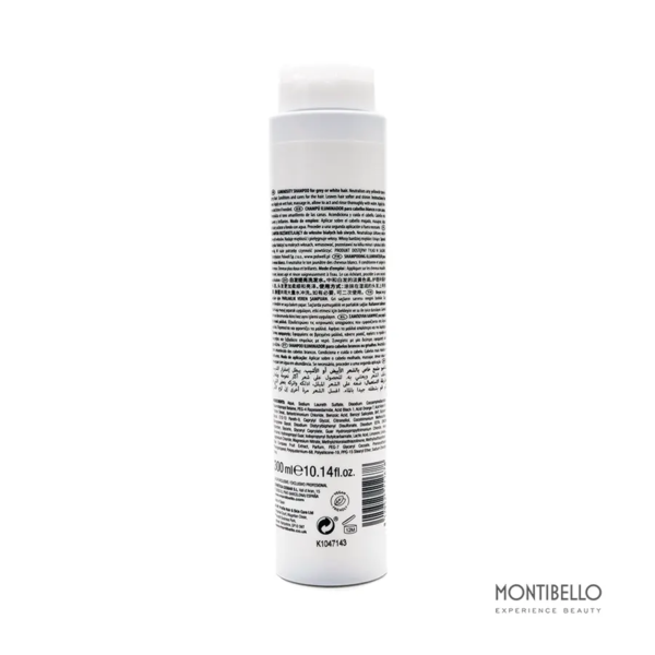 Champú para cabellos blancos o con canas, neutraliza al instante la tonalidad amarillenta de las canas. Acondiciona, nutre y aporta suavidad, luminosidad y brillo natural.