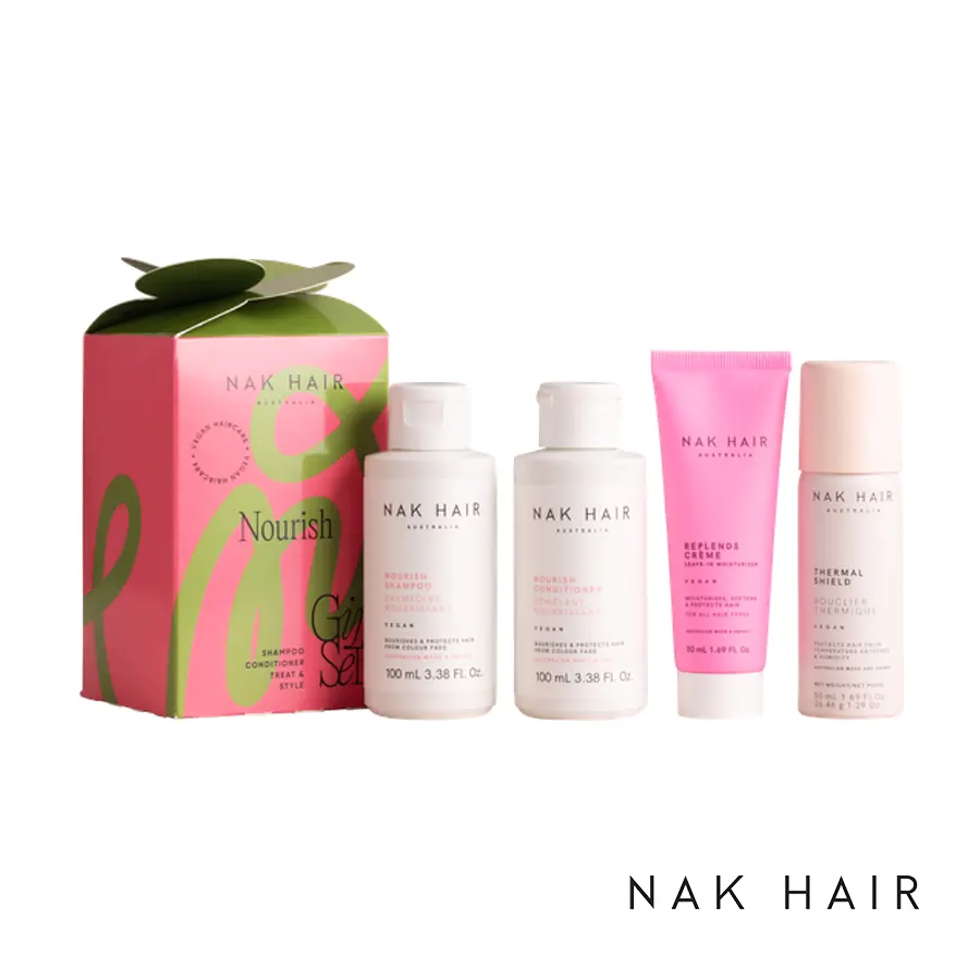 NAK Holiday Pack Nourish Mini Quad incluye Nourish Shampoo + Nourish Conditioner + Replends Crème Leave in Moisturiser + Thermal Shield.