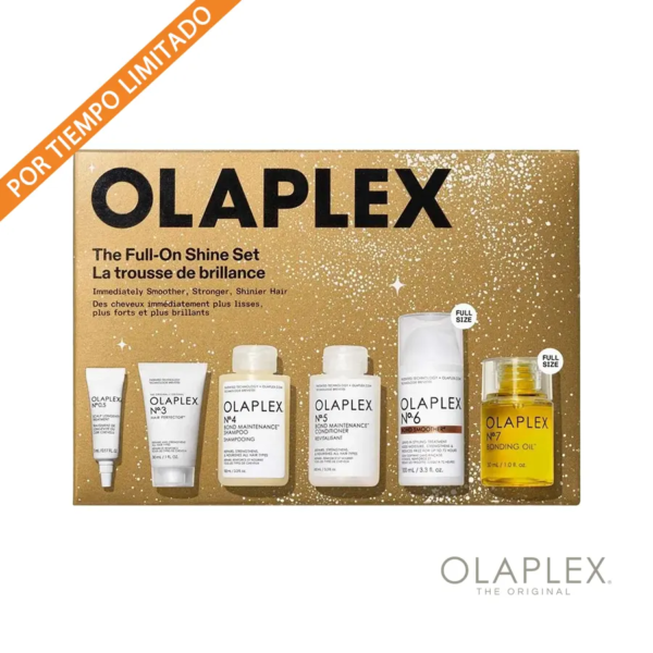Olaplex The Full On Shine Set 2025, repara, limpia y peina. Su sistema avanzado restaura la fuerza y salud integral al multiplicar los puentes internos.