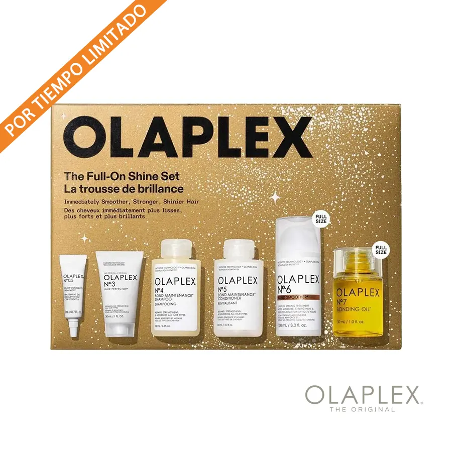 Olaplex The Full On Shine Set 2025, repara, limpia y peina. Su sistema avanzado restaura la fuerza y salud integral al multiplicar los puentes internos.