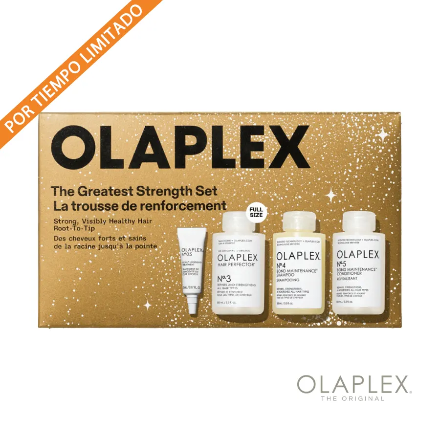 Olaplex The Greatest Strenght Set 2025, Rutina con tecnología Bond Building para reparar el daño molecular, dejando el cabello 3 veces más fuerte y saludable.