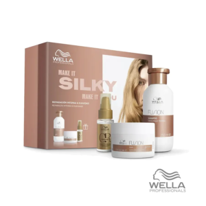 Wella Fusion Silky Pack Trio 2025, set especial regalo con el tratamiento definitivo para cabello dañado, combinando champú, mascarilla y aceite nutritivo.