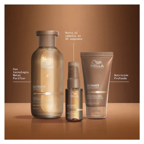 Wella Ultimate Smooth Pack Trio 2025, set especial regalo que transforma el cabello rebelde en una melena suave y brillante, controlando el frizz hasta 96h.