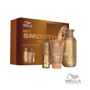 Wella Ultimate Smooth Pack Trio 2025, set especial regalo que transforma el cabello rebelde en una melena suave y brillante, controlando el frizz hasta 96h.