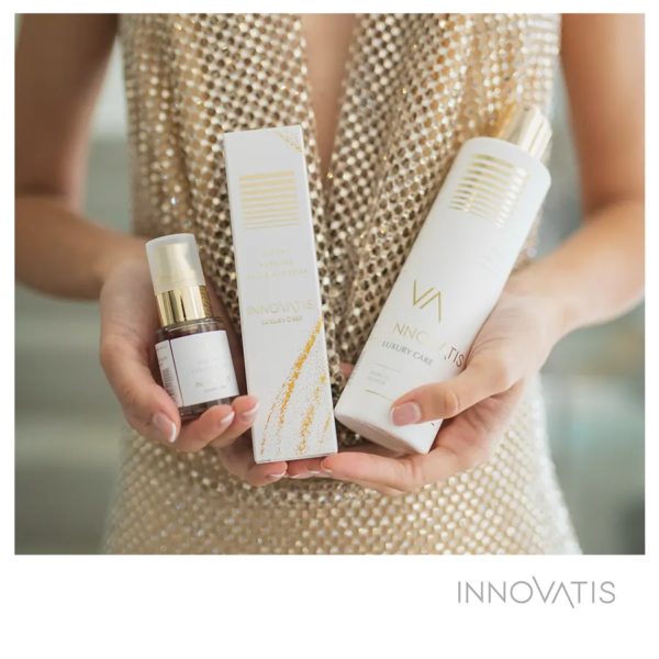 Kit Navidad Innovatis Luxury Sublime Extreme, el aliado un acabado impecable, con brillo de lujo y sensación de cabello tratado en salón profesional.