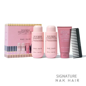 Nak Hair Signature Nourish Trio es el ritual definitivo para nutrir profundamente y proteger el cabello seco, dañado o coloreado con hidratación intensa