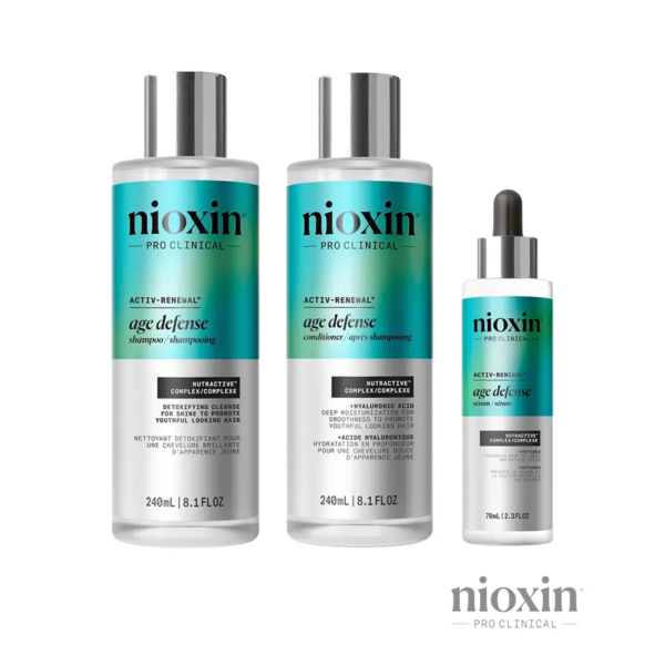 Nioxin Age Defense Anti-Edad Bundle Pack purifica, hidrata y fortalece la fibra capilar, devolviendo el volumen y brillo perdidos por el tiempo.